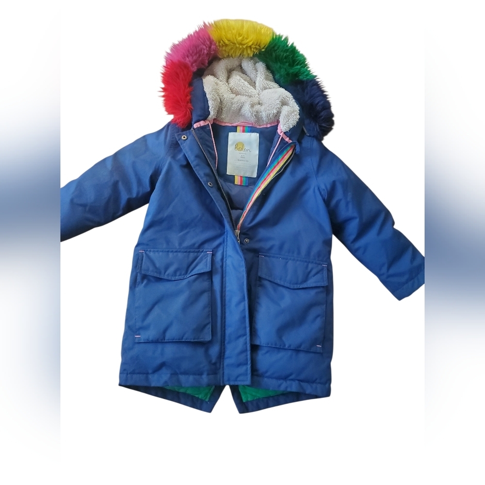 Boden Navy Coat with Multicolor Fur Hood Size 6-7
